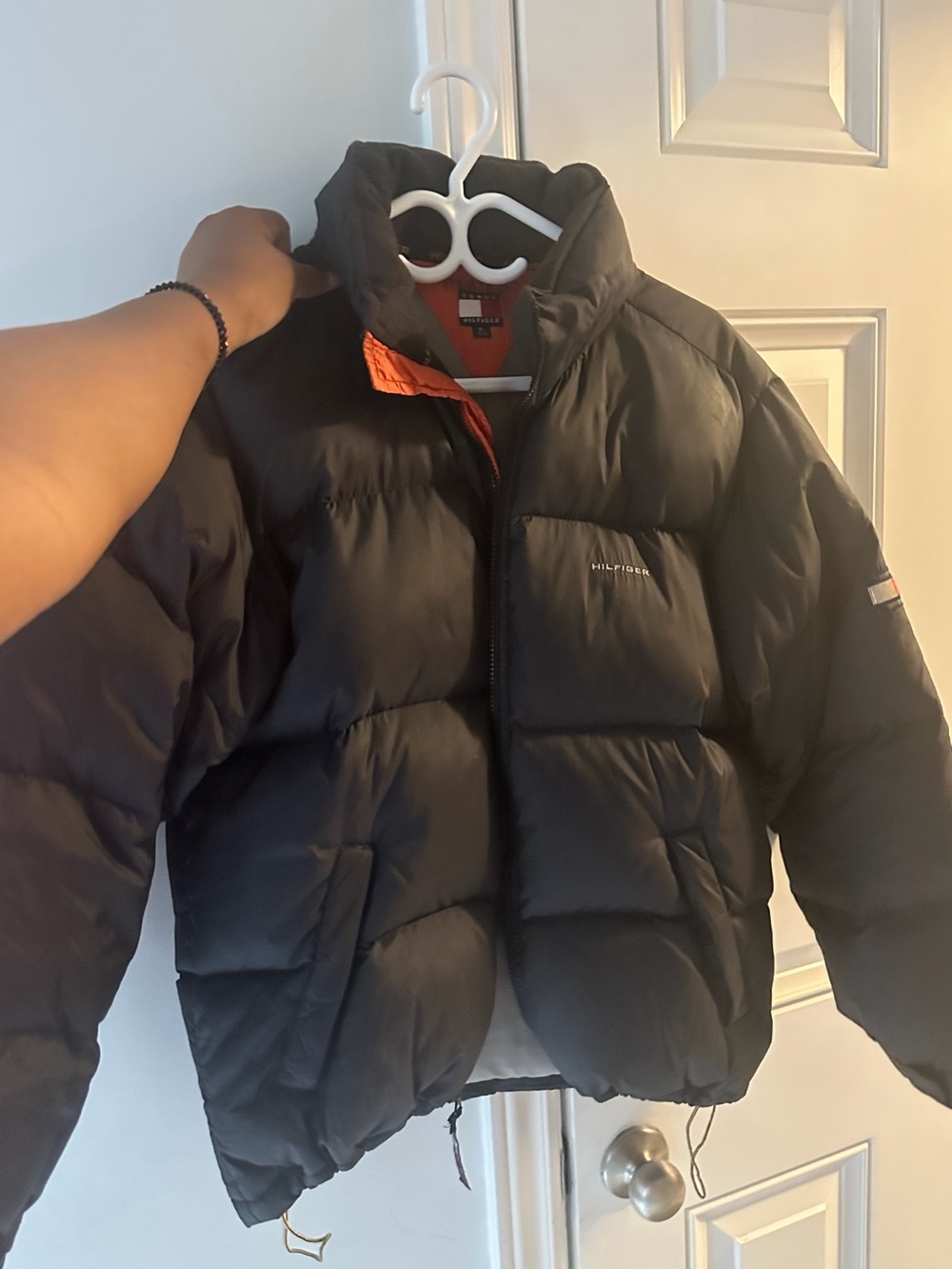 Tommy Hilfiger Black Puffer Jacket with Orange Lining Accent